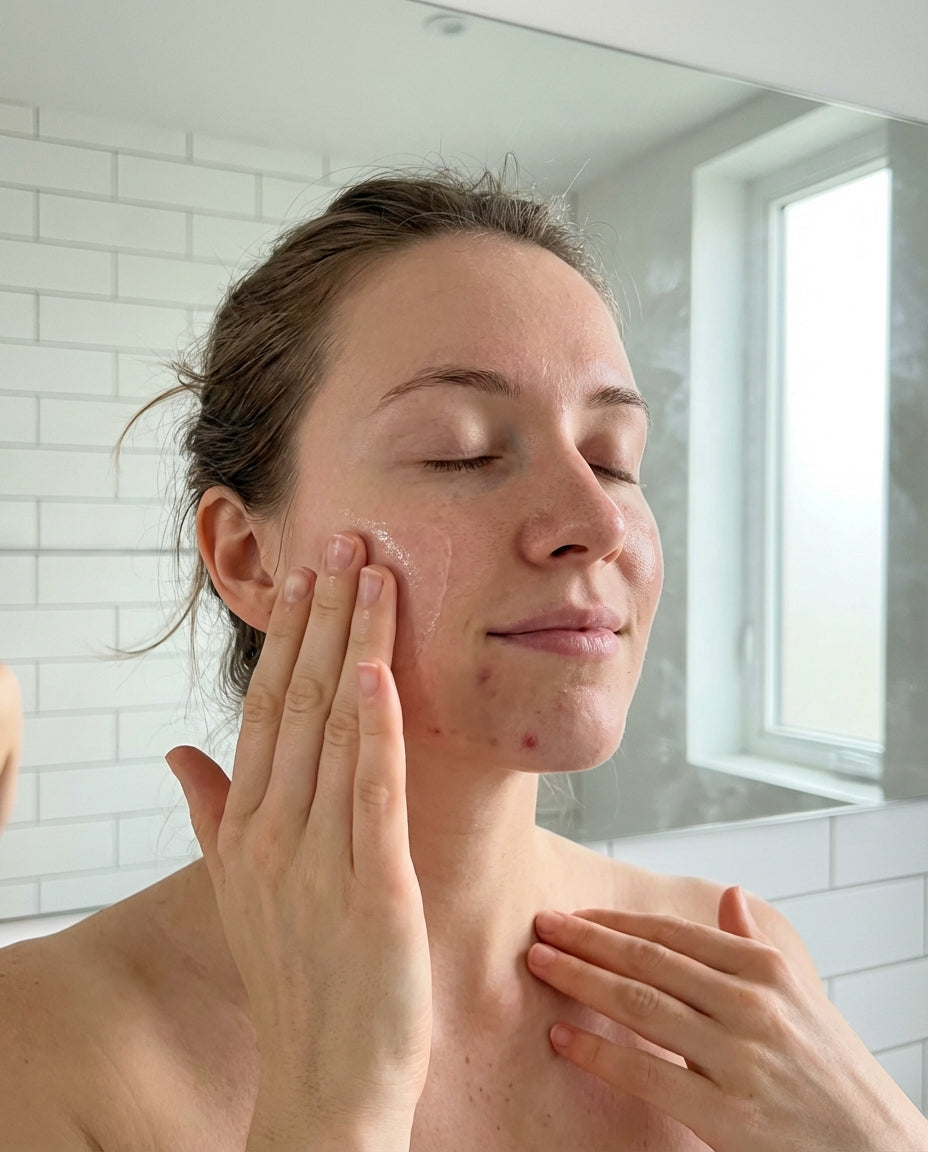 Woman applying serum to face