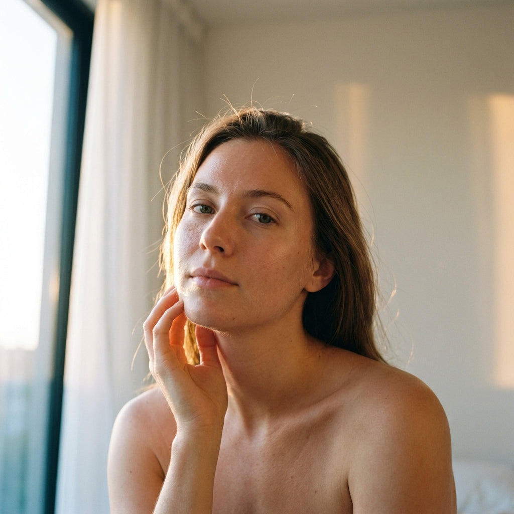 Woman with radiant glowing skin after using GLOW serum